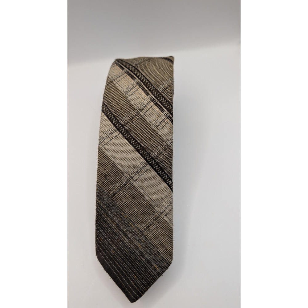 Vtg 70s Brittania Mens Necktie Brown Cream Plaid Diagonal Stripe Mod Disco Tie